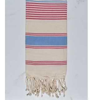 cream white, light blue and dark pink beach towel Fouta Tunisia - 1