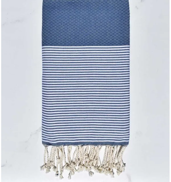 Beach towel honeycomb woad blue striped white Fouta Tunisia - 1