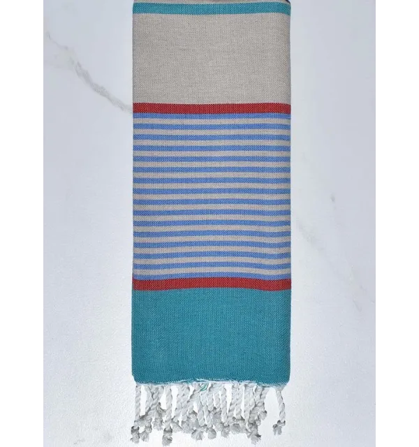 Greige, blue, red and blue-green child beach towel Fouta Tunisia - 1