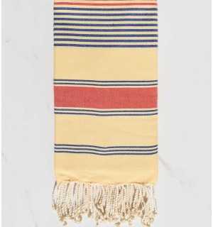 cream yellow, jean blue and coral red dina beach towel Fouta Tunisia - 1