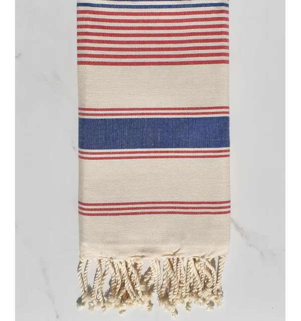 cream white, red and blue jeans dina beach towel Fouta Tunisia - 1