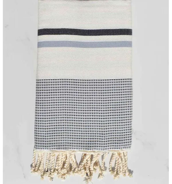 Chevron milk white, dark slate and smoked blue beach towel Fouta Tunisia - 1