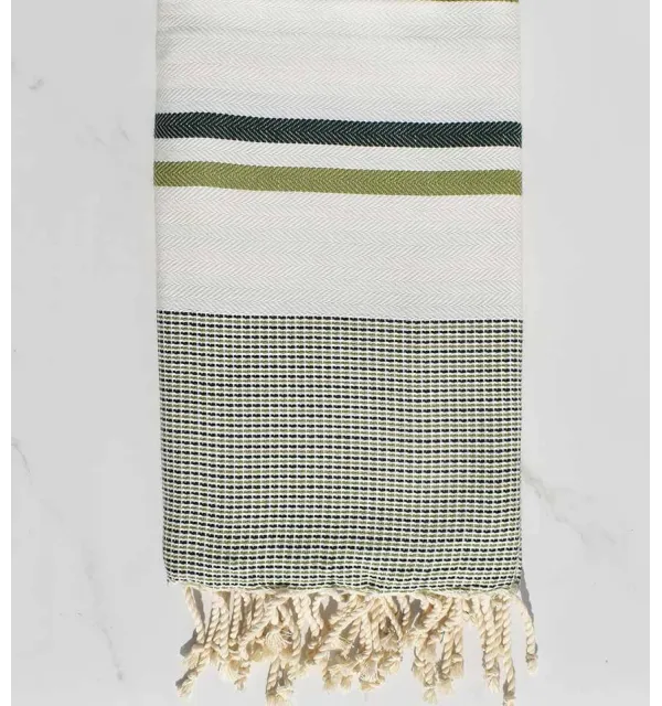 Milk white, forest green and olive green chevron beach towel Fouta Tunisia - 1