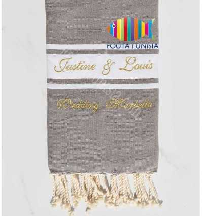 taupe color beach towel embroidered with golden lurex thread for a wedding