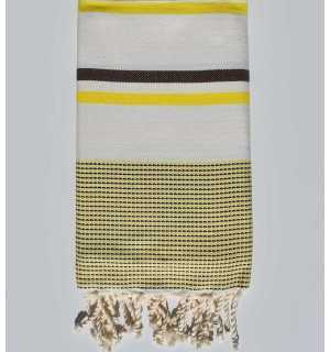 Cream white, neon yellow and brown chevron beach towel Fouta Tunisia - 1