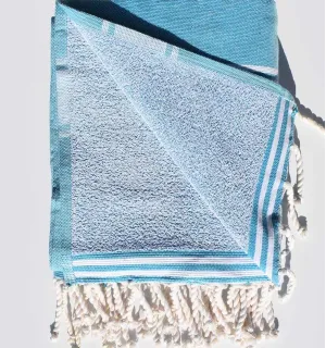 Medium azure blue beach towel sponge Fouta Tunisia - 1 2