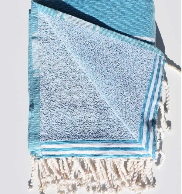 Medium azure blue beach towel sponge Fouta Tunisia - 2