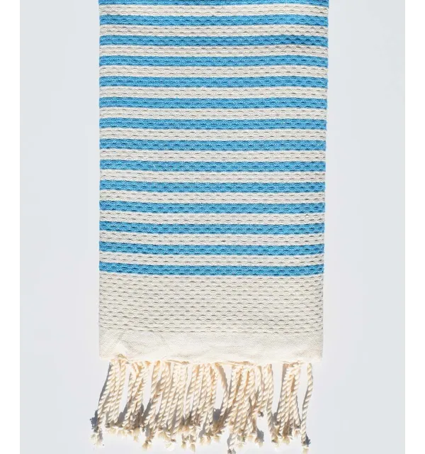 Honeycomb striped 1cm azure blue srtipes fouta Fouta Tunisia - 1
