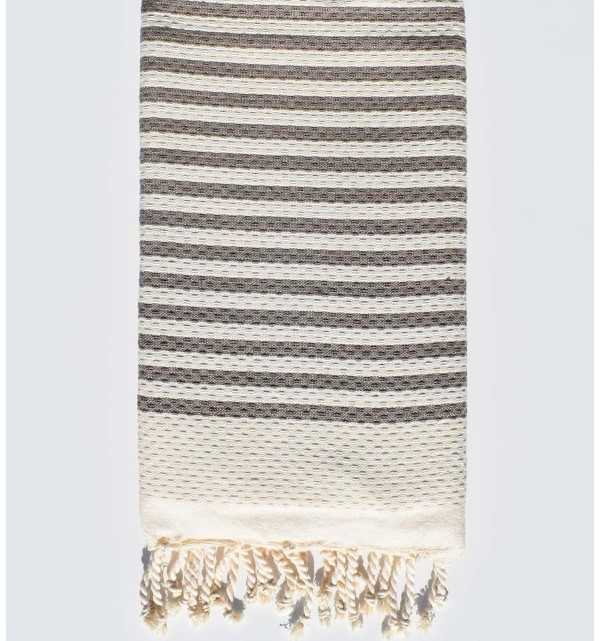 honeycomb light beige with taupe stripes beach towel  - 1