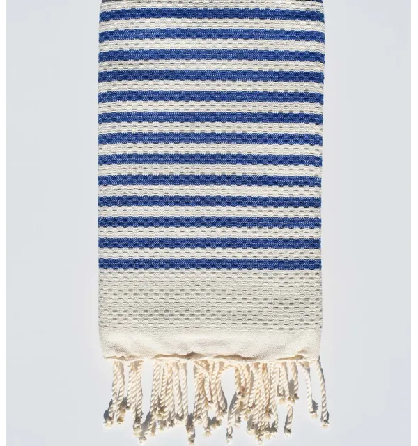 Honeycomb light beige striped 1 cm blue stripes fouta  - 2