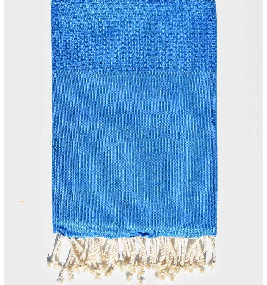 Plain honeycomb tufts blue beach towel Fouta Tunisia - 1