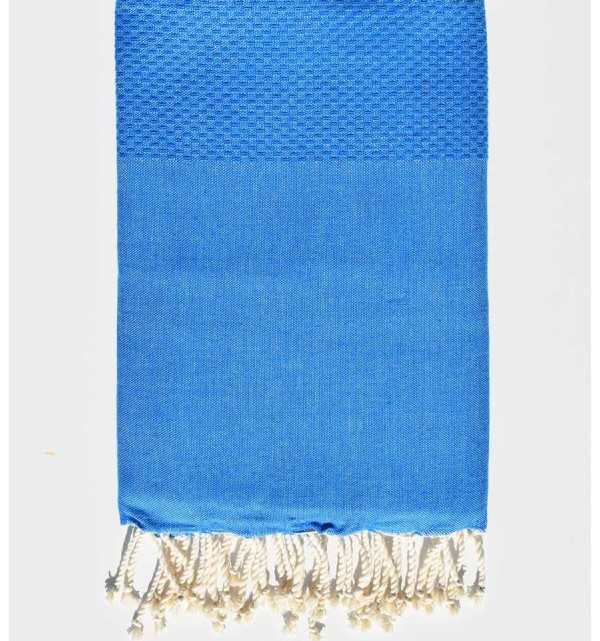 Plain honeycomb tufts blue beach towel Fouta Tunisia - 1