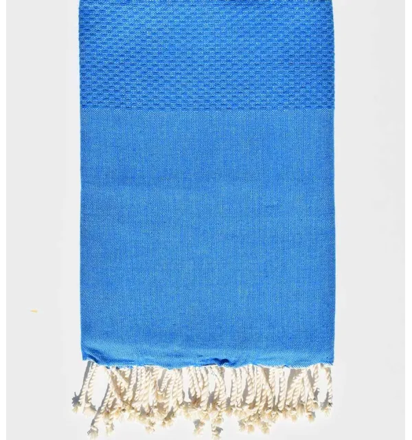 Plain honeycomb tufts blue beach towel Fouta Tunisia - 1