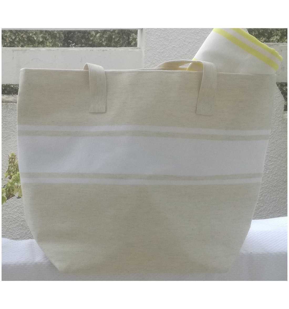 Light beige beach bag with white stripes - FOUTA TUNISIA