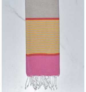 Greige light, pink, coral red and yellow child beach towel Fouta Tunisia - 1