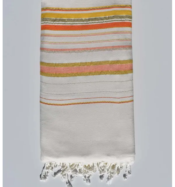 Creamy white, orange and mustard Fadhila throw with lurex Fouta Tunisia - 1