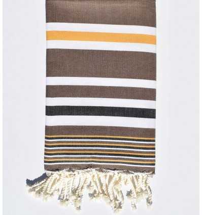  brown with mustard yellow, white and black stripes dina beach towel