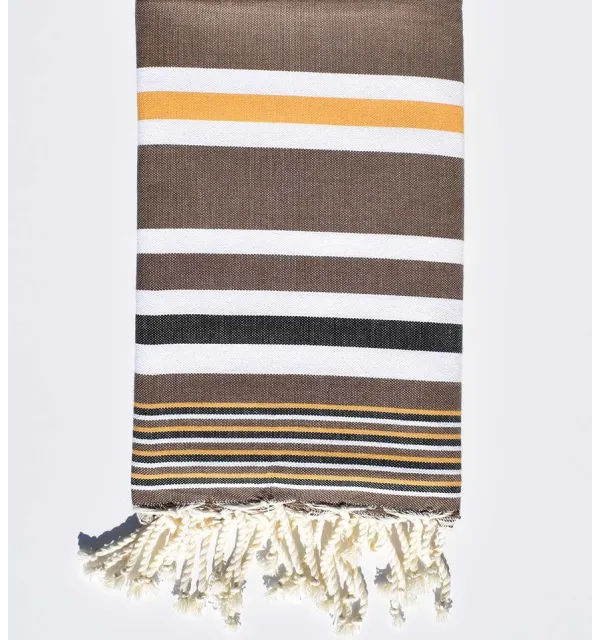 brown with mustard yellow, white and black stripes dina beach towel Fouta Tunisia - 1