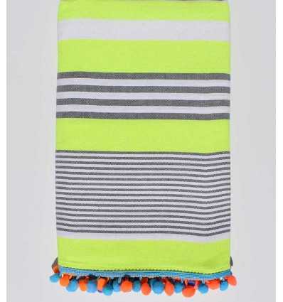 neon yellow with white and gray stripes pompon beach towel