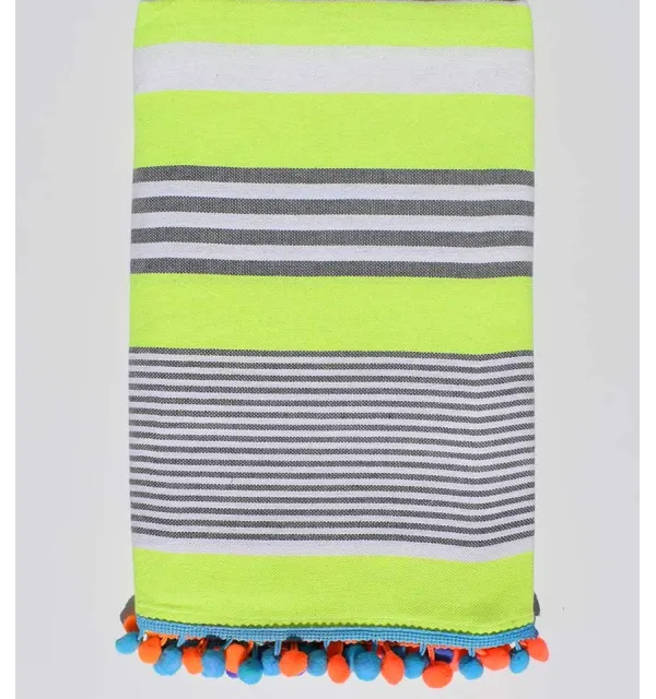 neon yellow beach towel white and gray striped  - 1
