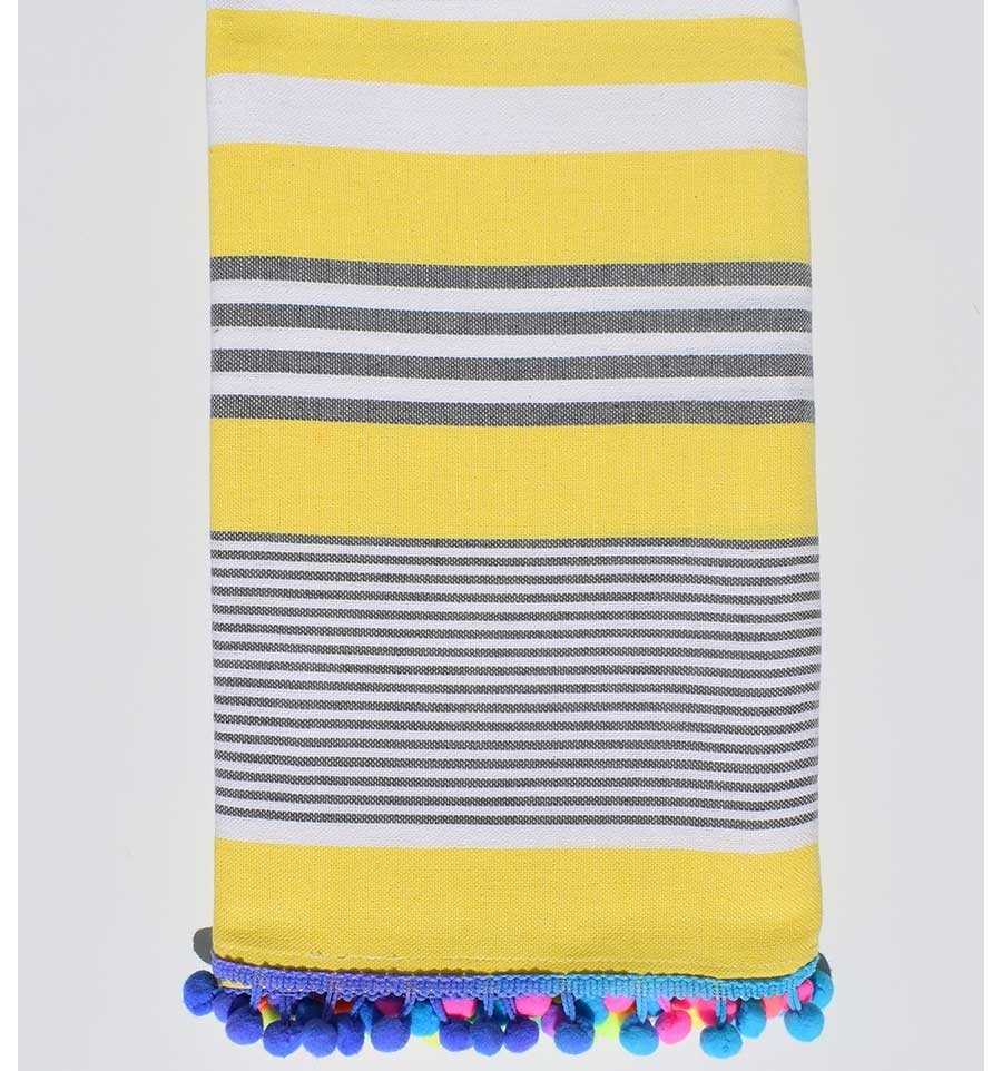 Yellow with white and gray stripes pompon beach towel