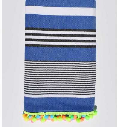 Blue beach towel striped  white and black