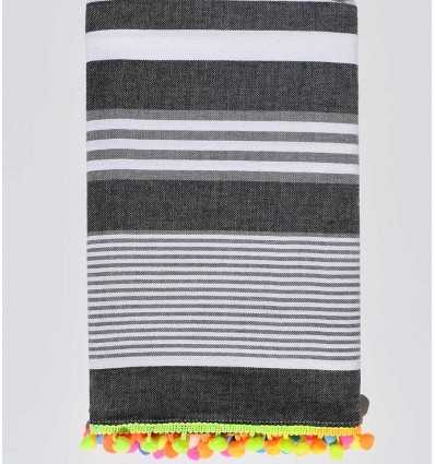 Dark gray with white and light gray stripes pompon beach towel