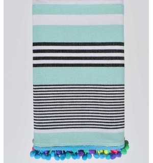 Azure blue striped white and black beach towel pompon  - 1