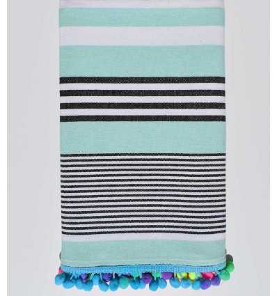 Azure blue striped white and black  pompon beach towel