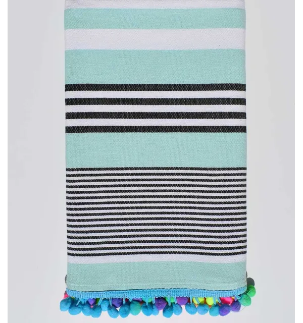 Azure blue striped white and black beach towel pompon  - 1